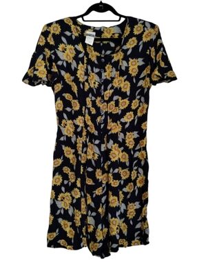 Vintage Basic Editions Sunflower Print Romper Women's Size Large Floral Navy